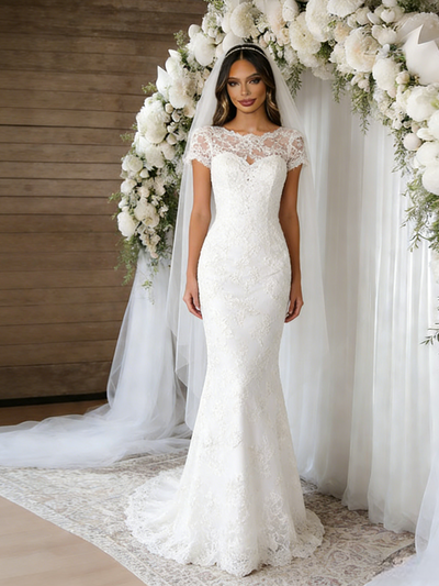 White Mermaid Lace Short Sleeve Wedding Dress