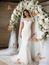 White Mermaid Lace Short Sleeve Wedding Dress