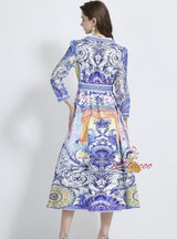 Retro V-neck Printed Long Sleeve Dress