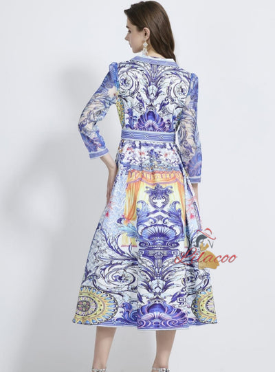 Retro V-neck Printed Long Sleeve Dress