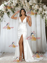 White V-neck Satin Pleats Wedding Dress