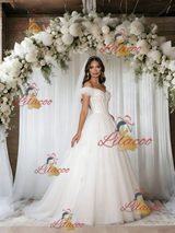 Beige White Tulle Off the Shoulder Wedding Dress