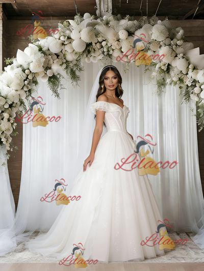 Beige White Tulle Off the Shoulder Wedding Dress