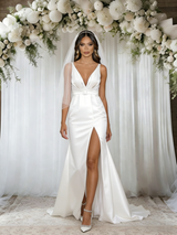 White V-neck Satin Pleats Wedding Dress