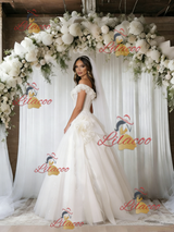 Beige White Tulle Off the Shoulder Wedding Dress