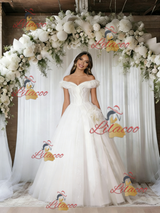 Beige White Tulle Off the Shoulder Wedding Dress