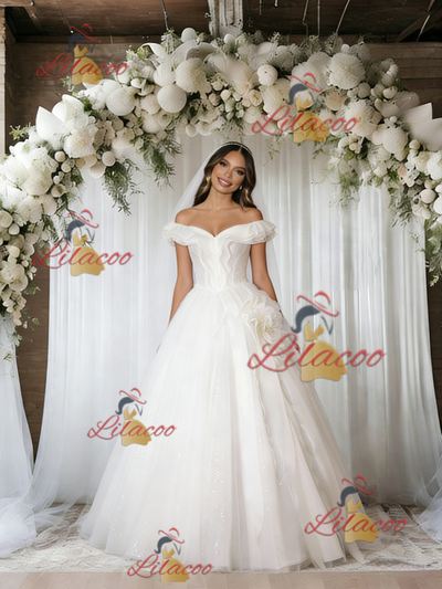 Beige White Tulle Off the Shoulder Wedding Dress