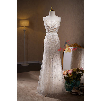 White Mermaid Sequins Pearls Wedding Dress