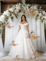 Beige White Tulle Off the Shoulder Wedding Dress