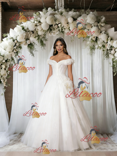 Beige White Tulle Off the Shoulder Wedding Dress