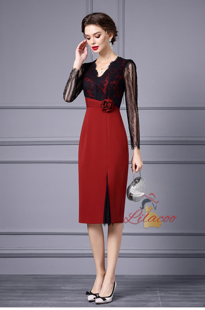 Red Lace V-neck Mother Of The Bride Dress