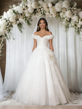 Beige White Tulle Off the Shoulder Wedding Dress