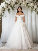 Beige White Tulle Off the Shoulder Wedding Dress