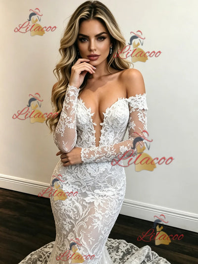 White Mermaid Lace Long Sleeve Wedding Dress