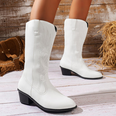 Embroidered Thick Heel Tube Pointed Boots