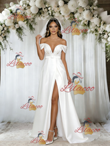 White Satin Off the Shoulder Pleats Wedding Dress