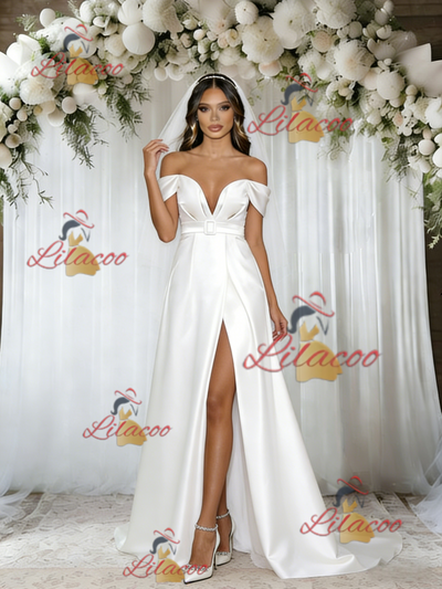 White Satin Off the Shoulder Pleats Wedding Dress