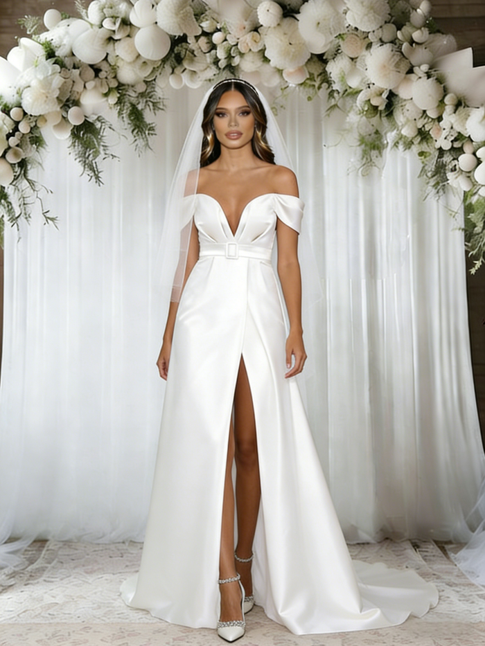 White Satin Off the Shoulder Pleats Wedding Dress