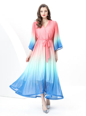V-neck Flared Sleeve Gradient Dress