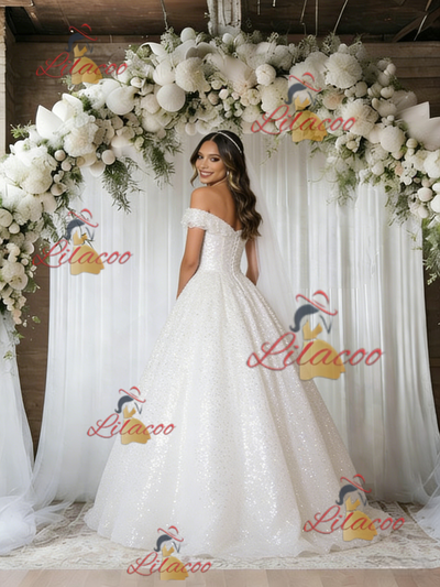 White Sequins Off the Shoulder Wedding Dress