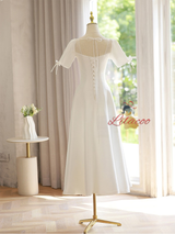 White Square Neck Short Sleeve Bow Wedding Dress