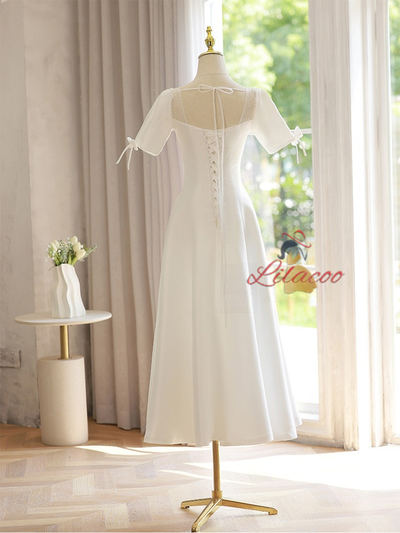 White Square Neck Short Sleeve Bow Wedding Dress