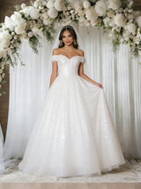 White Sequins Off the Shoulder Wedding Dress