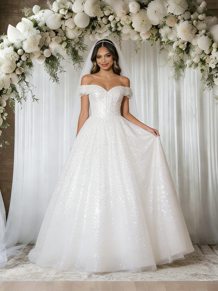 White Sequins Off the Shoulder Wedding Dress