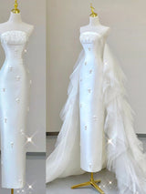 White Satin Tulle Strapless Beading Wedding Dress