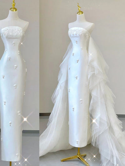 White Satin Tulle Strapless Beading Wedding Dress