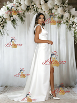 White Satin Straps Split Wedding Dress