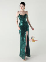 Mermaid Sequins Spaghetti Straps Split Beading Prom Dress