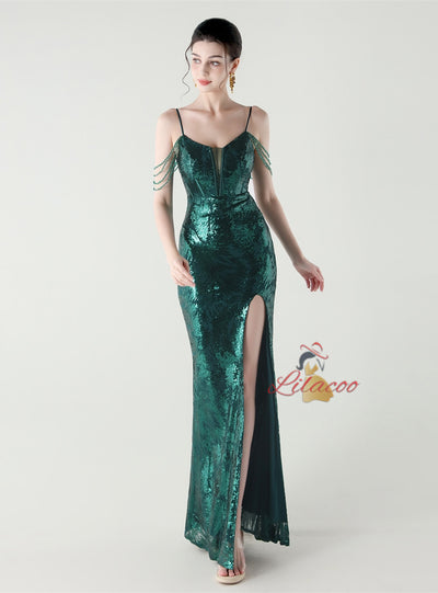 Mermaid Sequins Spaghetti Straps Split Beading Prom Dress