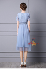 Blue Lace Short Sleeve Mother Of The Bride Dress