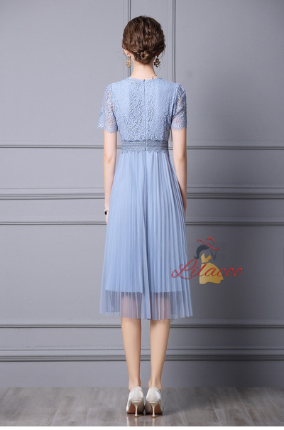 Blue Lace Short Sleeve Mother Of The Bride Dress