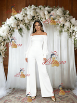 White Off the Shoulder Long Sleeve Jumpersuit