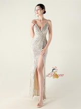 V-neck Mermaid Sequins Spaghetti Straps Beading Prom Dress
