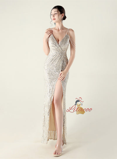 V-neck Mermaid Sequins Spaghetti Straps Beading Prom Dress