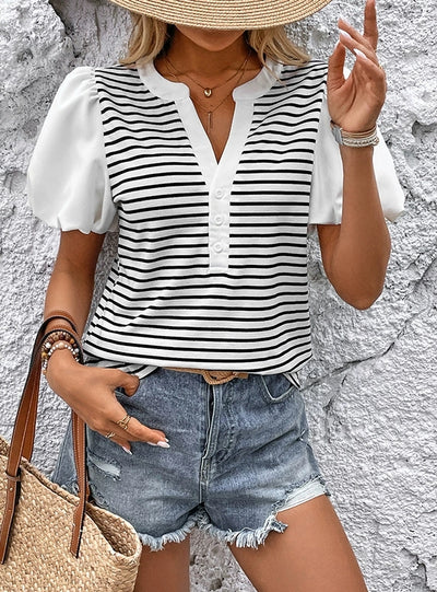 Small Stand Collar Casual Striped T-shirt