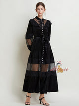 Retro Pearl Buckle Lace Mosaic Velvet Dress