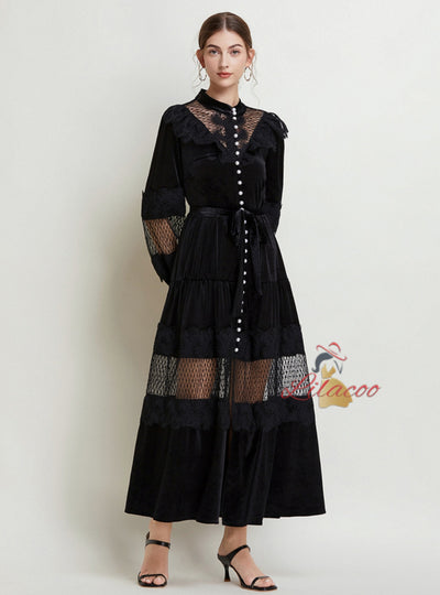 Retro Pearl Buckle Lace Mosaic Velvet Dress