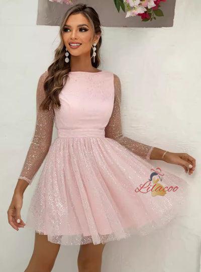 Long Sleeve Sequins Backless Short Dress