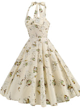Retro Hepburn Rose Print Halter Dress