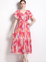 Flying Sleeve V-neck Pleated Holiday Dress