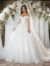 White Ball Gown Sequins Off the Shoulder Wedding Dress