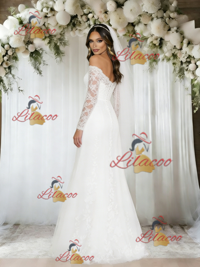 A-Line White Lace Long Sleeve Wedding Dress