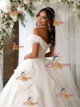 Beige White Tulle Sequins Off the Shoulder Wedding Dress
