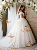 Beige White Tulle Sequins Off the Shoulder Wedding Dress