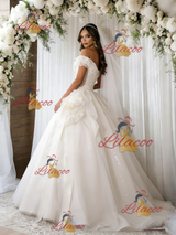 Beige White Tulle Sequins Off the Shoulder Wedding Dress