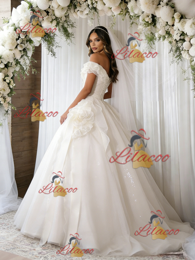 Beige White Tulle Sequins Off the Shoulder Wedding Dress